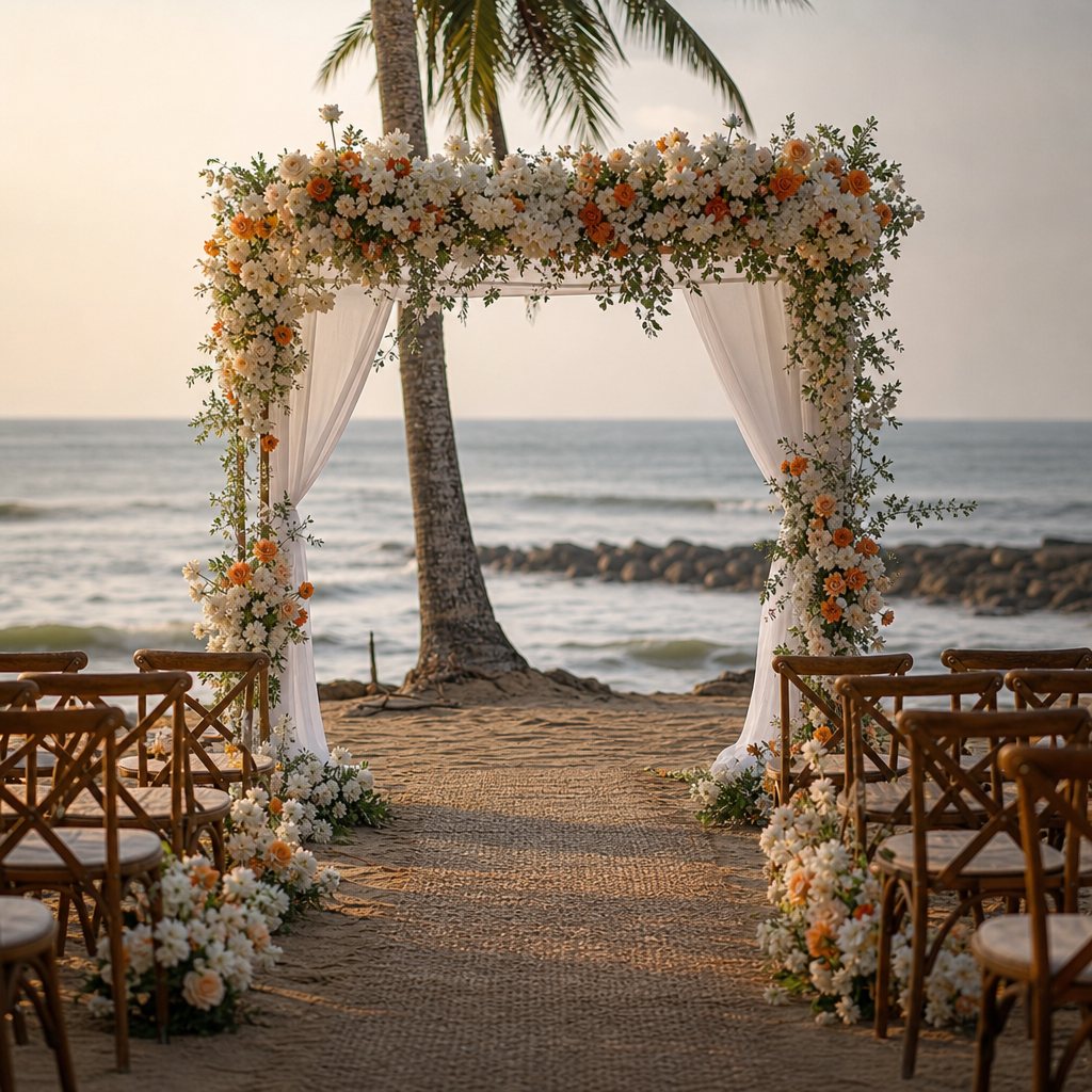 A beach ceremony arch of orange and peach roses at golden hour.
